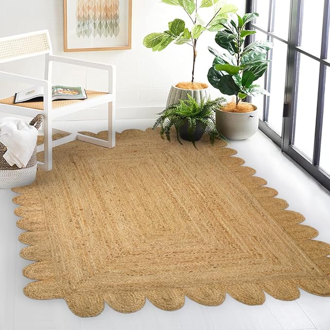 GRUHUM Scalloped Jute Area Rug 4'x6' ft Natural Fibre Rectangular Handwoven Boho Reversible Farmhouse Soft Braided Rustic Vintage Rug Indoor EcoFriendly Livingroom Bedroom Kitchen Hallways Enterways