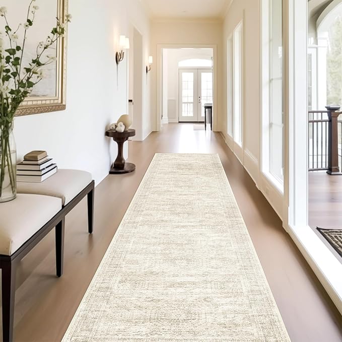 Runner Rug 2'6" x 14' Washable Non-Slip Runner Rugs for Kitchen Bathroom Laundry Room Vintage Ultra Thin Runners for Hallway Entryway Beige