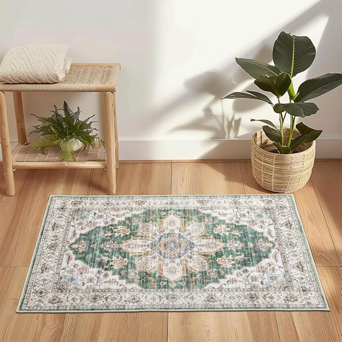 Green Area Rug 2x3 Small Vintage Rug, Ultra-Thin Washable Entryway Rug Soft Non Slip Bathroom Mat Oriental Medallion Indoor Accent Throw Carpet for Kitchen Sink Bedroom Laundry Room