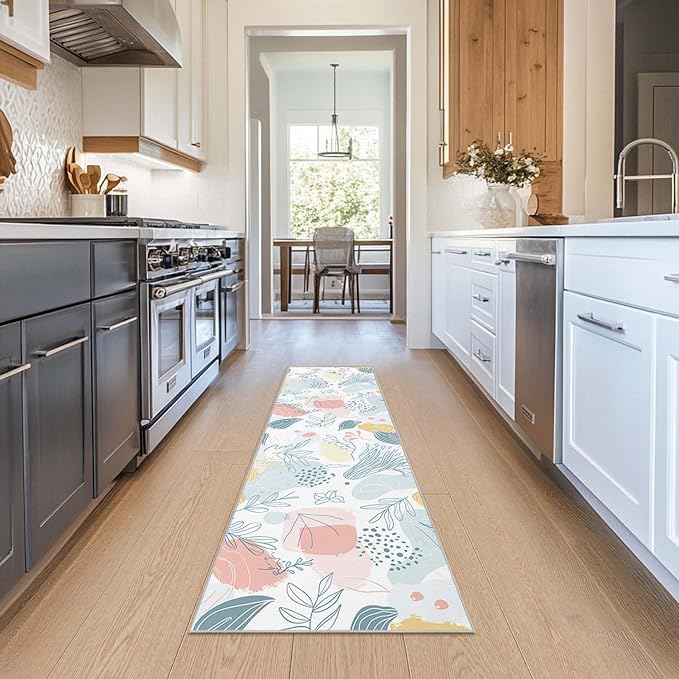 2x6 Kitchen Runner Rug Boho Minimalist Botanical Leaf Hallway Entryway Washable Rugs Non Slip Thin Low Pile Door Mat Entrance Small Carpet for Laundry Bathroom Bedroom