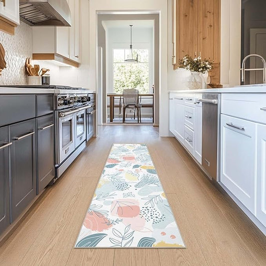 2x6 Kitchen Runner Rug Boho Minimalist Botanical Leaf Hallway Entryway Washable Rugs Non Slip Thin Low Pile Door Mat Entrance Small Carpet for Laundry Bathroom Bedroom