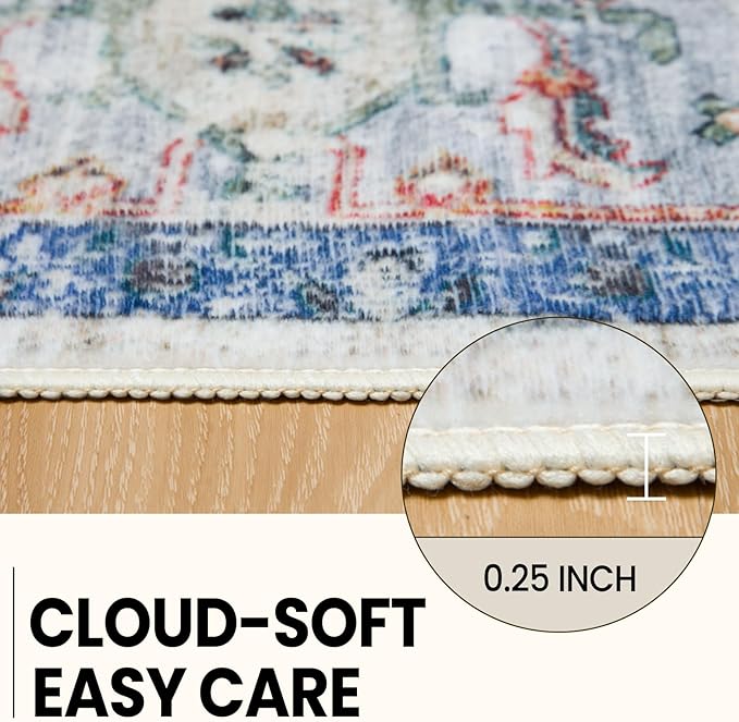 Washable 9x12 Area Rugs, Rugs for Living Room, Low-Pile Water&Stain Resistant Carpet Vintage Distressed Printed Non-Slip Carpet for Bedroom Bathroom Kitchen-Blue