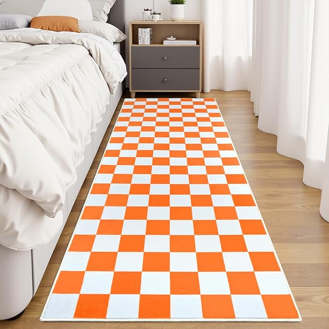 Terrug Orange and White Checkered Runner Rug for Bedroom, 2x6 Soft Washable Rug with Non Slip, Low Pile Stain Resistance Carpet for Entryway Hallway Kitchen Laundry Living Room