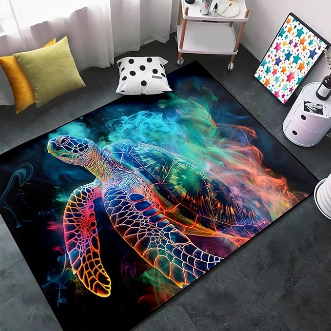 Sea Turtle Rugs - Seafloor Turtle Area Rugs for Kids 4'×5' Ocean Life Turtles Carpet Rugs for Bedroom Living Room Kids Room Decor Indoor Outdoor