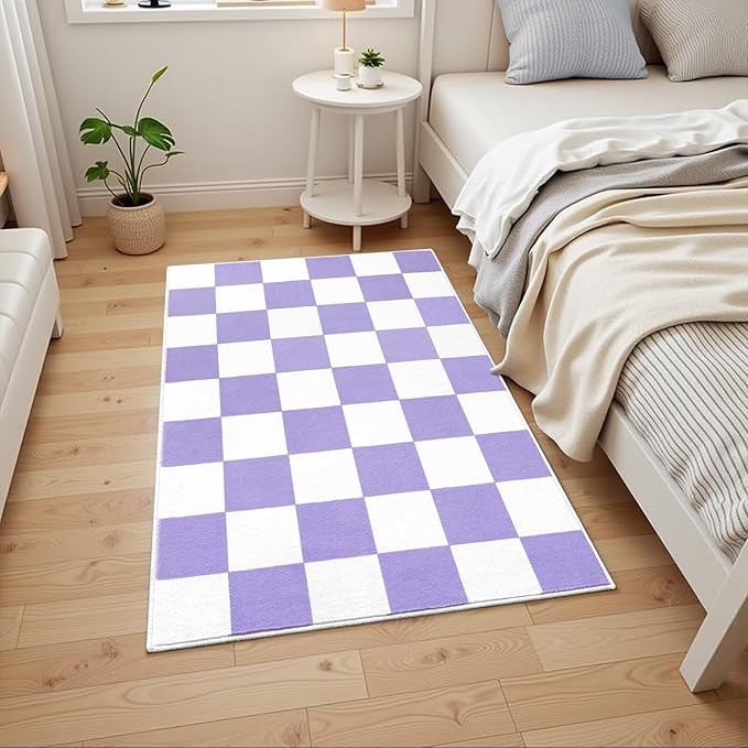 Terrug Purple and White Small Checkered Rug for Bedroom, 2x3 Soft Washable Rug with Non Slip Backing, Low Pile Throw Carpet for Entryway Hallway Kitchen Laundry Room