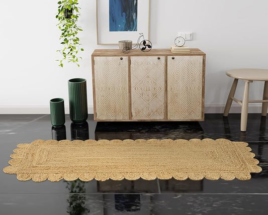 GRUHUM Scalloped Jute Runner Rug 2'6"x4'ft Natural Fibre Rectangular Boho Reversible Handwoven Soft Rustic Vintage Farmhouse Jute Area Rug Indoor EcoFriendly Livingroom Kitchen Hallways Enterways