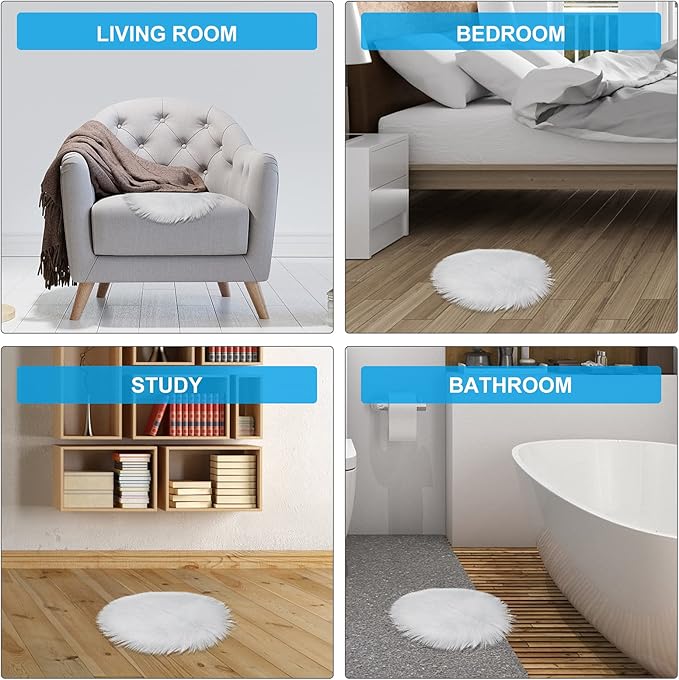 Molain Faux Fur Chair Pad 12 inch Round Cover Seat Cushion Pad Carpet Mat Soft Fluffy Area Rug for Seat Pad Couch Pad,Photographing Background of Jewelry(White)