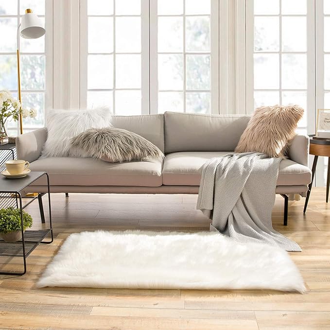 Ashler Faux Fur Rug - Fluffy Shaggy Area Rug, Ultra Soft 2.2 x 4 Feet Rectangle, White Fuzzy Machine Washable Shag, Nursery Decor Throw for Bedroom, Kids Room, Living Room