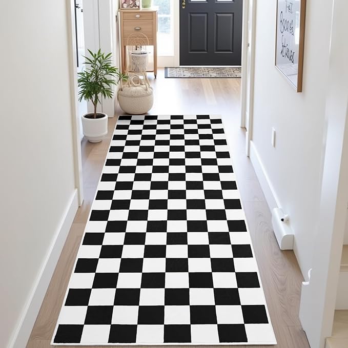 Terrug Black and White Checkered Runner Rug for Bedroom, 2x6 Soft Washable Rug with Non Slip, Low Pile Stain Resistance Carpet for Entryway Hallway Kitchen Laundry Living Room