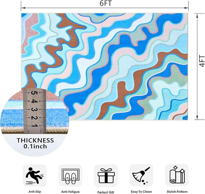 Vintage Abstract 4x6 Area Rug Ultra Thin Funky Aesthetic Colorful Striped Living Room Rug Washable Cute Blue Throw Carpet for Kitchen Entryway Bedroom Dorm Nursery