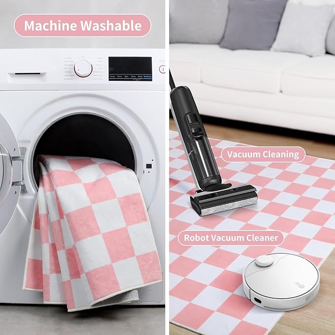 Terrug Pink and White Small Checkered Rug for Bedroom, 2x3 Soft Washable Rug with Non Slip Backing, Low Pile Throw Carpet for Entryway Hallway Kitchen Laundry Room