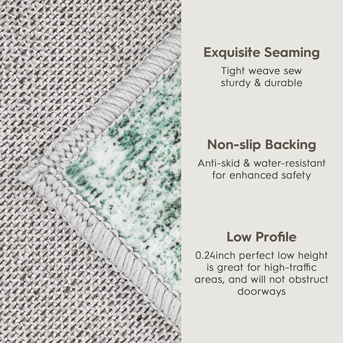 Eleisa Modern Abstract 2x8 Hallway Runner Rug, Green & Ivory, Non-Slip Washable Low Pile Rugs, Vintage Rug Hallway Indoor Carpet for Kitchen, Entryway and Laundry Room