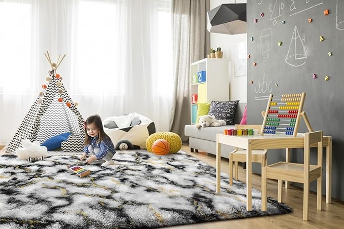 TWINNIS Super Soft Shaggy Rugs Fluffy Carpets, 6x9 Feet, Indoor Modern Plush Area Rugs for Living Room Bedroom Kids Room Nursery Home Decor, Upgrade Anti-Skid Rectangular Fuzzy Rug, Grey Gold