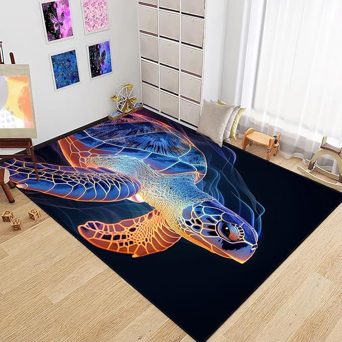 Sea Turtle Carpet Rug - Kids Coastal Rugs for Bedroom Ripple Sea Turtle Area Rug for Living Room Ocean Life Theme, 59" L x 39" W