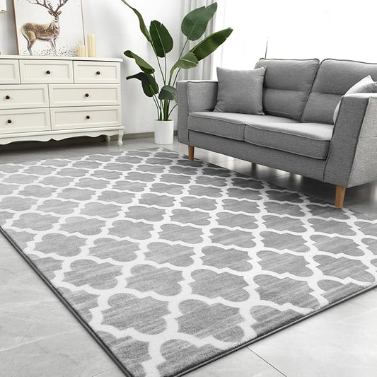 Geometric Shag Modern Area Rug for Living Room Bedroom, 3x5 Distressed Moroccan Fluffy Rug Indoor Carpet for Kids Nursery Bedside Room Decor, Memory Foam Super Soft Shaggy Rugs, Grey/White