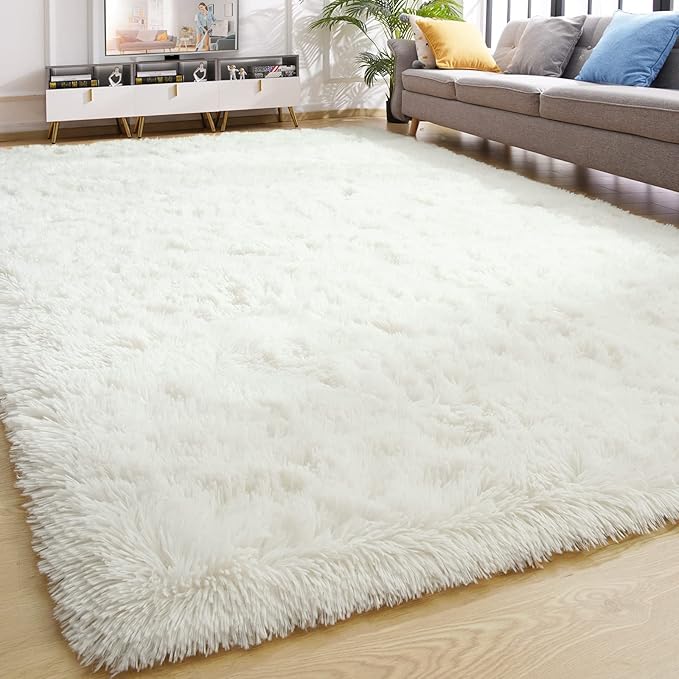 YJ.GWL Area Rugs for Living Room Bedroom, 9x12 Machine Washable Large Cream Carpet, Soft Fluffy Shaggy Thick Big Shag Indoor Floor Rug for Kids Boy and Girls Room Dorm Home Decor Aesthetic