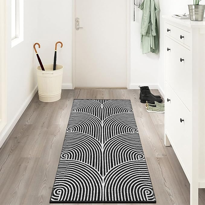 Tiffasea Washable Runner Rug 2'X5', Cotton Woven Kitchen Runner Entryway Rug Black and White Indoor/Outdoor Throw Carpet Modern Area Rug for Hallway Bedroom Laundry Room