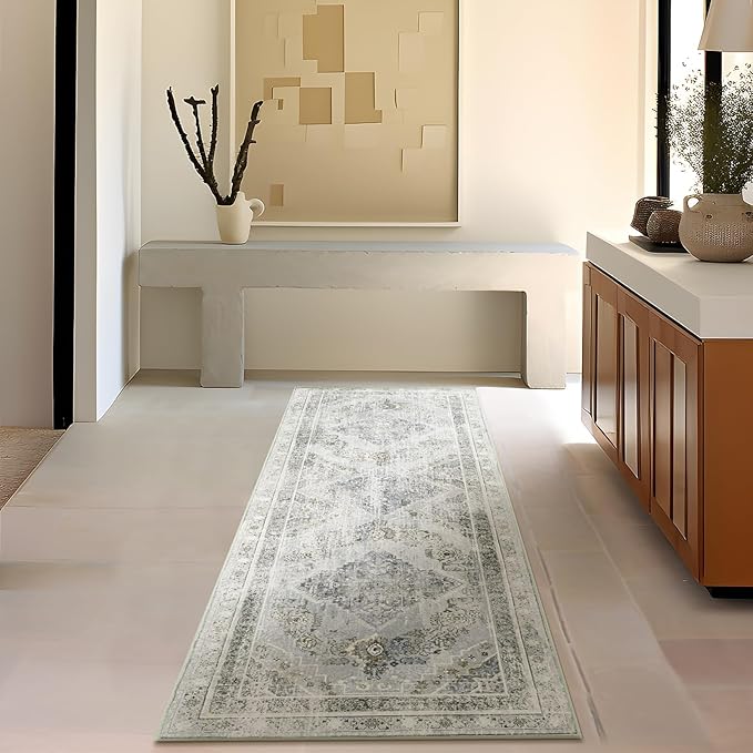 Phantoscope Hallway Runner Rug 2'x6' - Boho Washable Non-Slip Kitchen Rug Runner, Ultra-Thin Vintage Distressed Accent Throw Rug for Entryway Laundry Bathroom Bedroom, Grey/Dull Teal