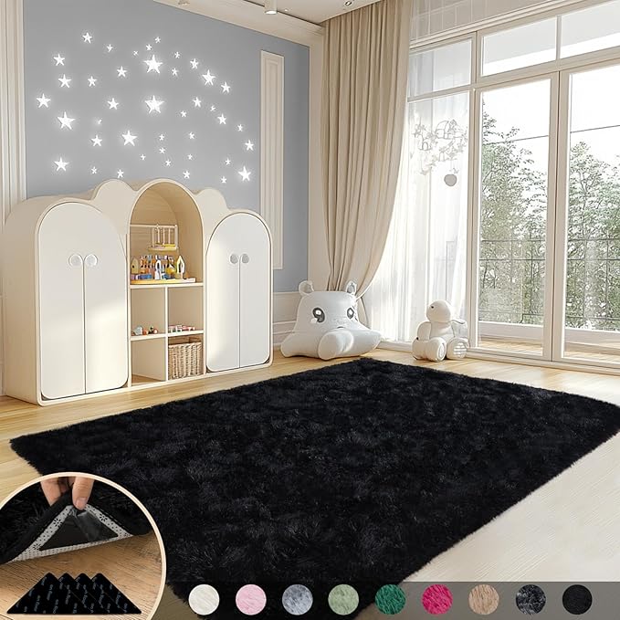 Black Rugs for Living Room, 4x6 Feet Large Fluffy Area Rugs for Bedroom, Soft Carpet Shag Kids Rug with 4 Non-Slip Rug Pads(4ft x 6ft, Black)