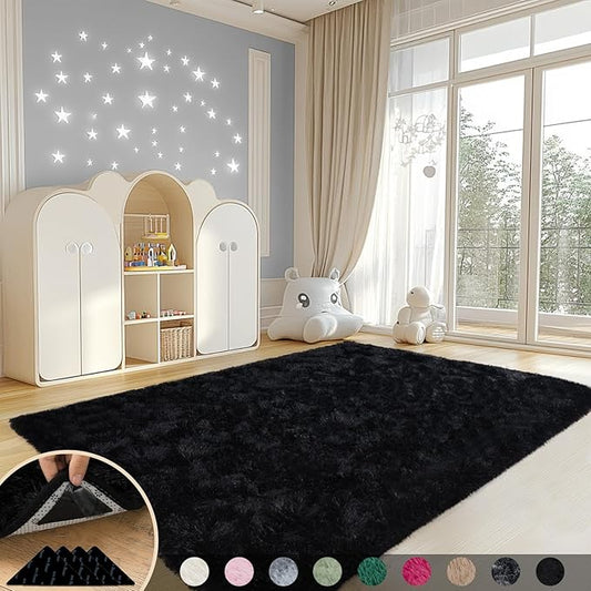 Black Rugs for Living Room, 4x6 Feet Large Fluffy Area Rugs for Bedroom, Soft Carpet Shag Kids Rug with 4 Non-Slip Rug Pads(4ft x 6ft, Black)