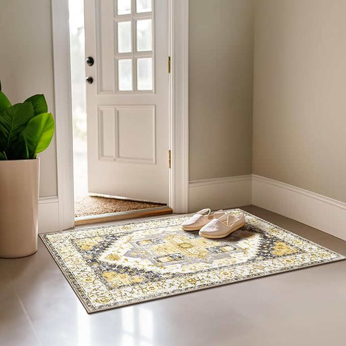 Washable 2x3 Area Rugs, Rugs for Living Room, Low-Pile Water&Stain Resistant Carpet Vintage Distressed Printed Non-Slip Carpet for Bedroom Bathroom Kitchen-Grey/Yellow