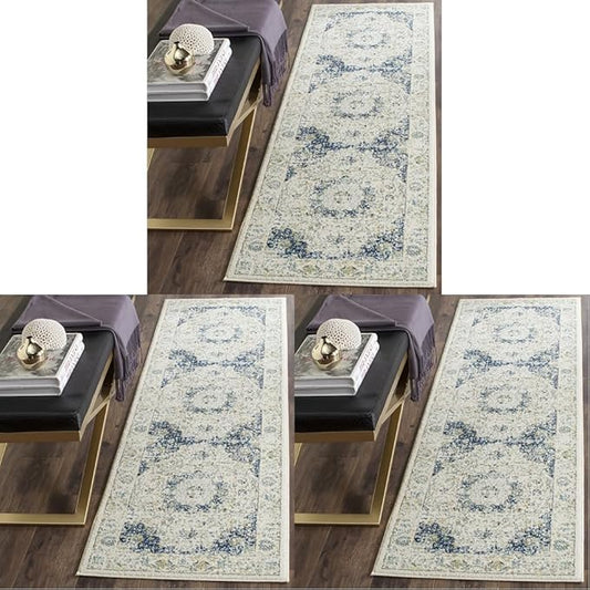 Safavieh Evoke Collection 2'2" x 5' Ivory/Blue EVK220C Shabby Chic Oriental Medallion Non-Shedding Living Room Bedroom Area Rug (Pack of 3)
