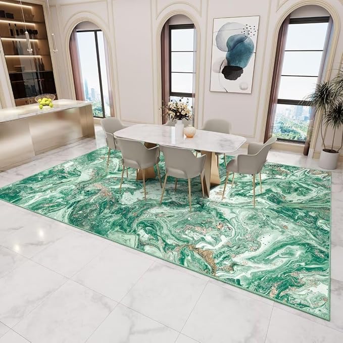 Washable Area Rug 9x12 - Artistic Style Modern Rug for Living Room Bedroom Dining Room, Soft Low Pile Machine Washable Carpet, Non Slip Non Shedding Area Rug - Green/Gold, 9'x12'