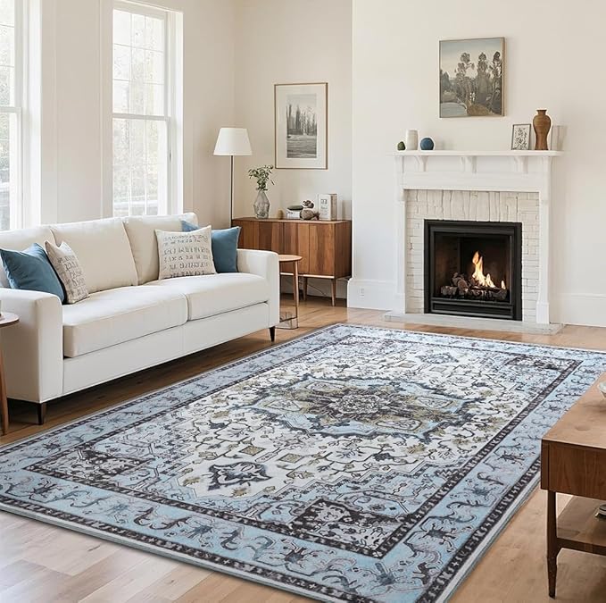 Vitnage Blue Area Rug, Low Pile Washable Rugs, Non-Slip Distressed Rugs for Bedroom, Living Room, Kitchen, Dining Room (Blue, 5x7)