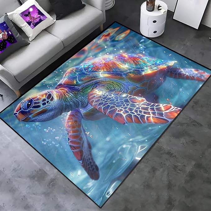 Sea Turtle Carpet Rug - Kids Coastal Rugs for Bedroom Ocean Life Theme, 80" L x 58" W