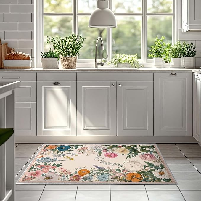 2x3 Entryway Rugs Machine Washable Area Rug Blue Yellow Pink White Floral Boho Botanical Leaf Flower Rug Non-Slip Low Pile Door Mat Entrance Small Carpet for Home Kitchen Bathroom Bedroom