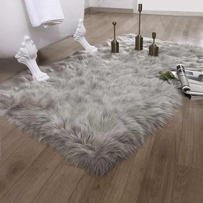 Ashler faux fur rug, Fluffy Shaggy Area Rug Ultra Soft 3 x 5 Feet Rectangle Fur Rug Grey Fuzzy Rug Machine Washable Shag Rug, Nursery Decor Throw Rugs for Bedroom, kids room, Living Room