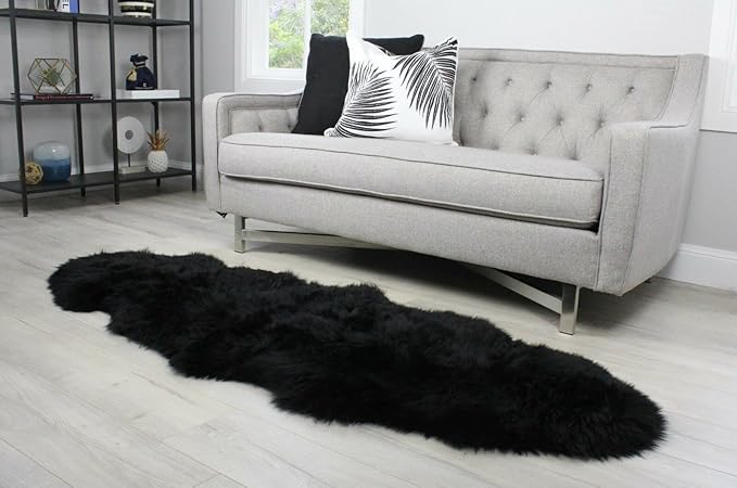 HUAHOO Premium Genuine Sheepskin Rug Black Real Australia Sheepskin Natural Luxury Fluffy Lambskin Fur Area Rug Seat Covers for Kids Bedroom Sofa Chair Cover Pets Dogs Mat Double Pelt/2' x 6' Black