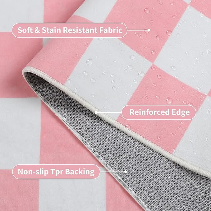 Terrug Pink and White Small Checkered Rug for Bedroom, 2x3 Soft Washable Rug with Non Slip Backing, Low Pile Throw Carpet for Entryway Hallway Kitchen Laundry Room