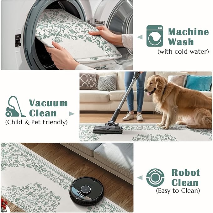 jinchan Runner Rug 2x5 Kitchen Washable Rug Vintage Entryway Hallway Runner Ultra-Thin Non Slip Carpet Floral Medallion Boho Floor Carpet for Bedroom Bathroom Laundry Room Farmhouse Green On Cream