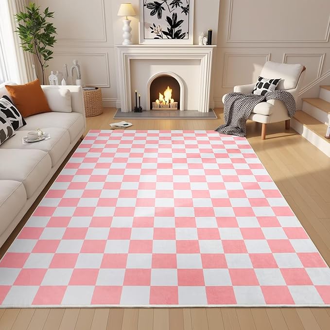 Terrug Pink and White Checkered Rug for Living Room Bedroom, 3x5 Soft Washable Area Rug with Non Slip, Low Pile Stain Resistance Carpet for Kids Room Entryway Kitchen Dorm
