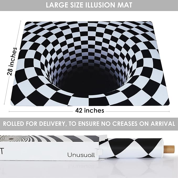3D Optical Illusion Rug - Vortex Illusion Floor Mat for Door Entrance, Bathroom, Stairs, playroom, Living Room, or Area (Black and White, 42 x 28 Inch)
