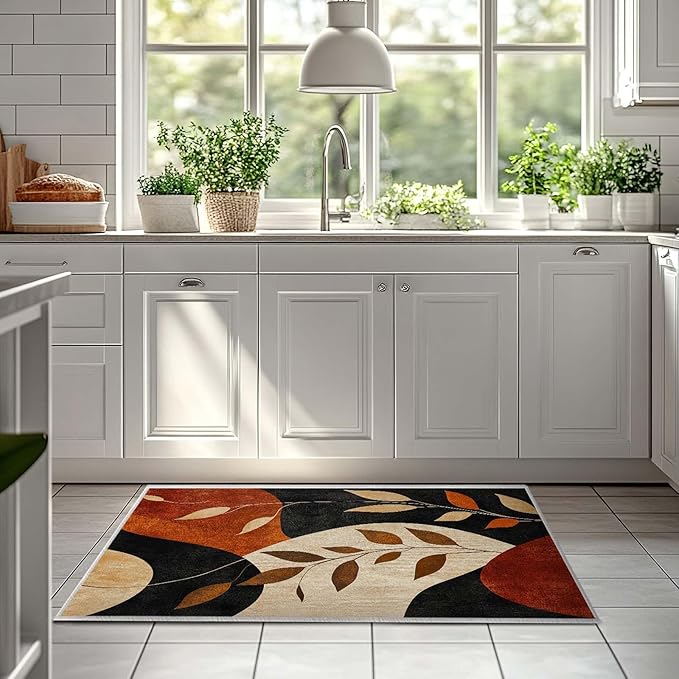 2x3 Entryway Rugs Machine Washable Boho Area Rug Vintage Black Brown Leaf Modern Abstract Rug Non-Slip Low Pile Door Mat Entrance Small Carpet for Home Kitchen Bathroom Bedroom