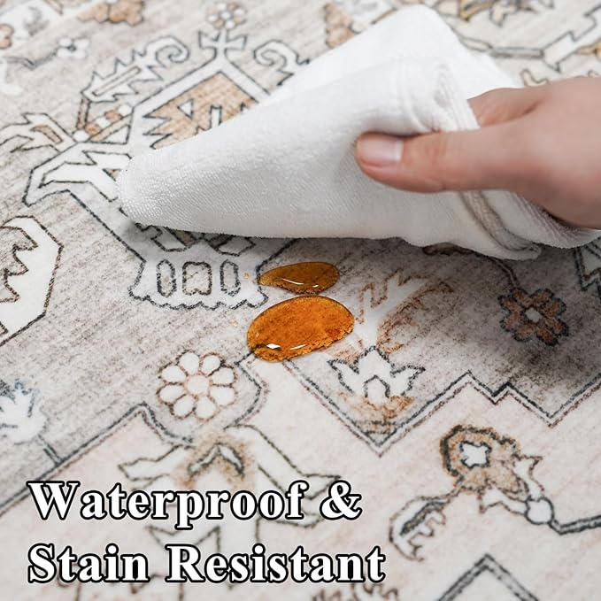 RUUGME Washable 9 ft Round Rug - Large Boho Rugs for Living Room Stain Resistant Carpet Vintage Tribal Rugs for Bedroom Kitchen with Non Slip Backing Floor Decoration Mat 9ft Ivory