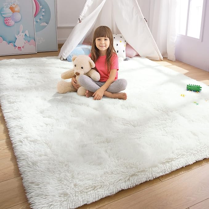 YJ.GWL Area Rugs for Living Room Bedroom, 9x12 Machine Washable Large Cream Carpet, Soft Fluffy Shaggy Thick Big Shag Indoor Floor Rug for Kids Boy and Girls Room Dorm Home Decor Aesthetic
