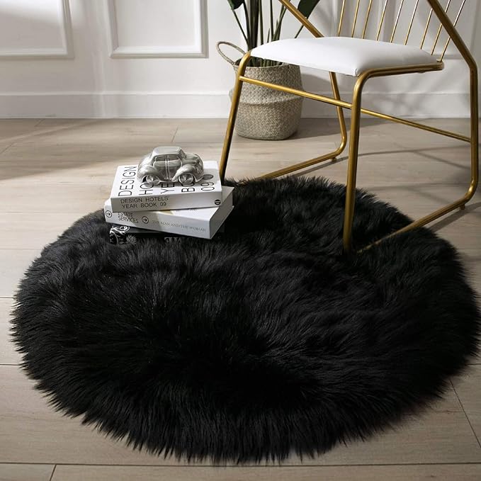 Ashler faux fur rug, Fluffy Shaggy Area Rug Ultra Soft 3 x 3 Feet Round Fur Rug, Black Fuzzy Rug Machine Washable Shag Rug, Nursery Decor Throw Rugs for Bedroom, kids room, Living Room