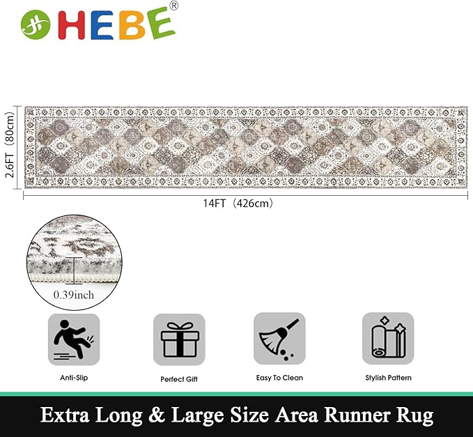 HEBE Hallway Runner Rug 2'8''x14' Washable Vintage Distressed Area Rugs Non Slip Laundry Rug Runner Boho Floor Carpet Runners for Hallways Entryway Laundry Room Kitchen Bathroom