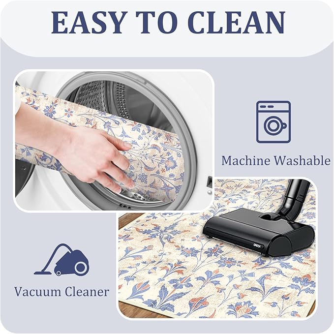 Washable Area Rugs 5'x7' Living Room, Non Slip Floral Vintage Low Pile Large Rugs for Living Room Stain Resistant for TribalBedroom, Farmhouse, Dining Room, Kids Playroom
