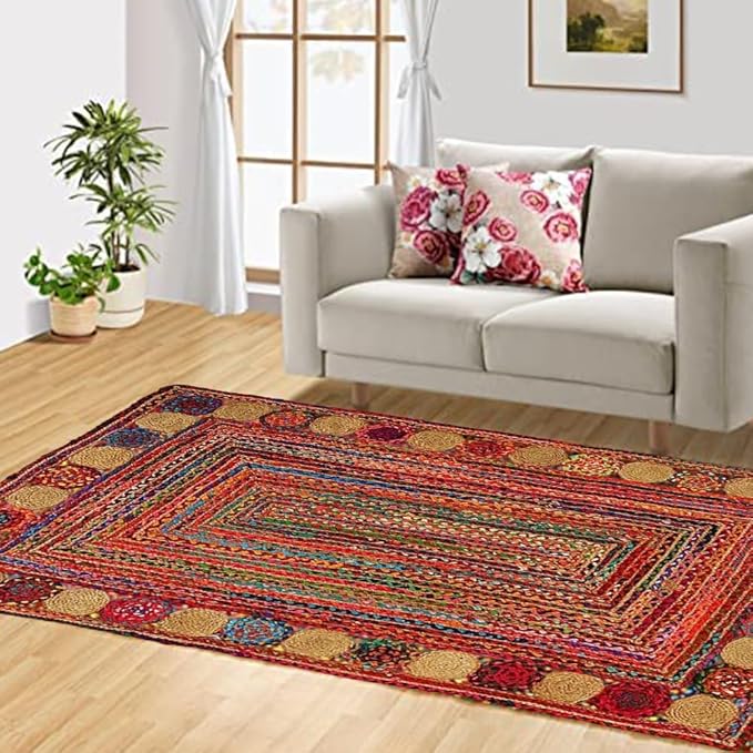 GRUHUM Jute Cotton Area Rug 8x10ft -Natural Multicolour Handwoven Boho Chindi Farmhouse Soft Braided Rustic Vintage Eco Friendly Rug for Indoor Kitchen Bedroom Living Room Hallways Enterways 8x10ft