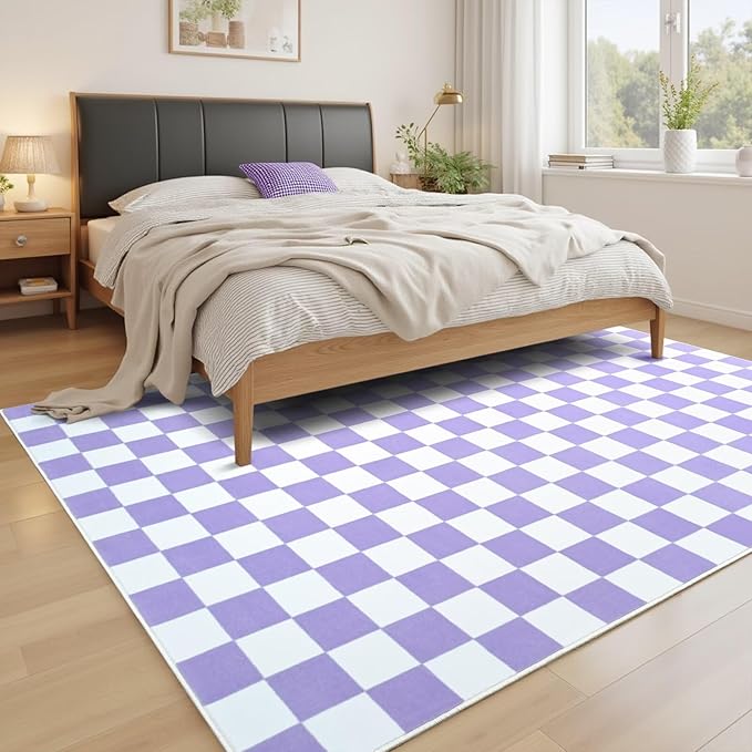 Terrug Purple and White Checkered Rug for Living Room Bedroom, 5x7 Soft Washable Area Rug with Non Slip, Low Pile Stain Resistance Carpet for Kids Room Entryway Kitchen Dorm