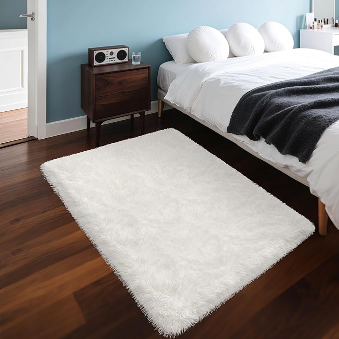 White Fluffy Rug for Bedroom Living Room, 3x5 Furry Cream Area Rug Soft Fuzzy Shag Carpet for Boys Girls Room Dorm Dresser Bedside, Plush Thick Throw Kids Shaggy Rug Non-Slip for Nursery