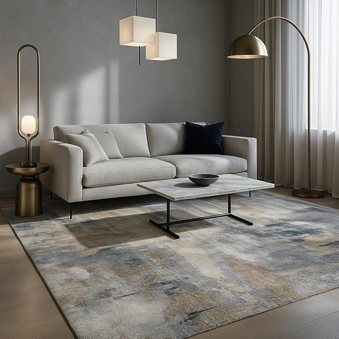 Washable 5X7 Area Rug for Living Room - Soft Grey Multi Modern Abstract Rugs for Bedroom, Kids Playroom, and Home Office Decor - Non-Slip, Ultra-Thin, and Super Strong