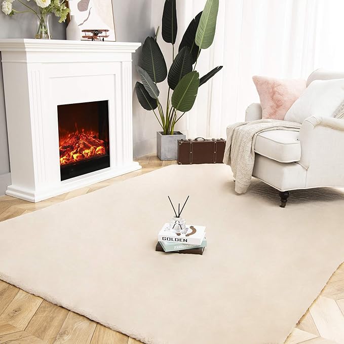 Ashler Faux Fur Rug, Ultra Soft Faux Rabbit Fur, Beige Area Rugs, 5 x 7 Feet Rectangle, Machine Washable Nursery Decor Throw Rugs for Bedroom, Kids Room, Living Room