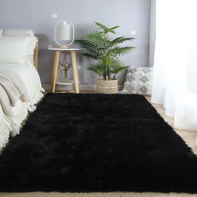 CAIYUECS Shag Area Rug,Indoor Ultra Soft Fluffy Plush Rugs for Bedroom Living Room, Non-Skid Modern Nursery Faux Fur Rugs for Kids Room Home Decor (5x7 Feet, Black)
