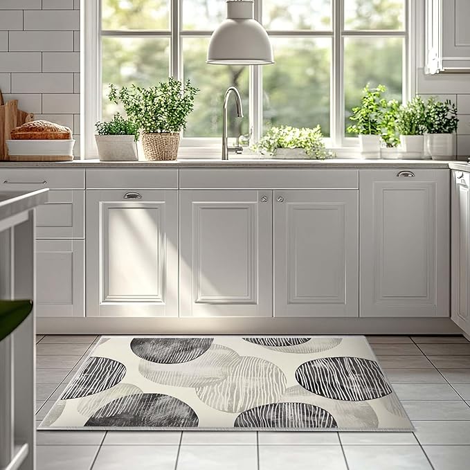 2x3 Entryway Rug Abstract Minimalist Black Beige Circle Neutral Area Rug Ultra-Thin Small Carpet Bathroom Non Slip Indoor Entrance Low Pile Door Mat Kitchen Stain Resistant Washable