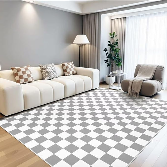 Terrug Grey and White Checkered Rug for Living Room Bedroom, 3x5 Soft Washable Area Rug with Non Slip, Low Pile Stain Resistance Carpet for Kids Room Entryway Kitchen Dorm
